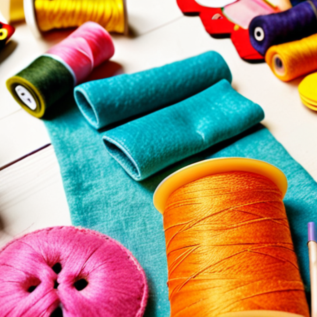 **

> A close-up shot of various craft materials laid out on a table: colorful cotton fabric swatches, felt pieces, super soft short plush, PP cotton filling, embroidery thread spools, buttons of different sizes and shapes, a zipper, velcro strips, and a glue stick.  The scene is brightly lit and suggests a DIY crafting project. Focus on texture and color.

**