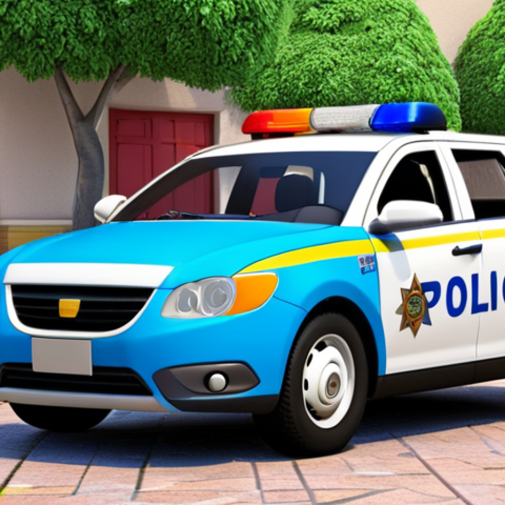 **

"Polly the police car, vibrant colors, cute character design, teaching social skills and safety rules to children, friendly and helpful, inspired by children's animation."

**
