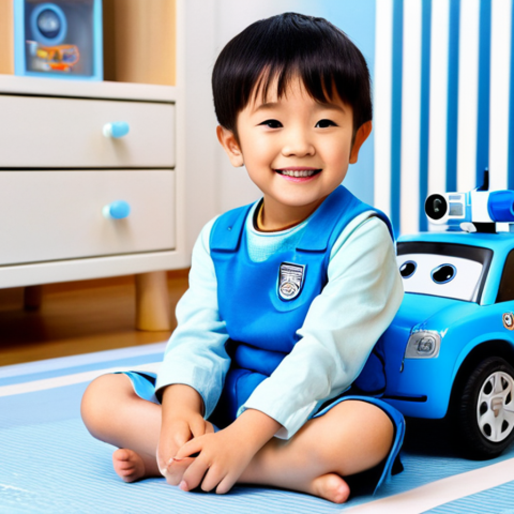 A cheerful child, 6 years old, fully clothed in comfortable, modest play attire, sitting on a clean, bright playmat. The child is holding a smooth, high-quality Robocar Poli toy model (e.g., Poli the police car), carefully examining its well-crafted, vibrant details. Several other genuine Robocar Poli toys are neatly arranged around them. The background is a brightly lit, safe home play area. The scene emphasizes product quality and child safety. Perfect anatomy, correct proportions, natural pose, well-formed hands, proper finger count, natural body proportions. Professional studio photography, high resolution, soft focus, bright and inviting atmosphere. safe for work, appropriate content, fully clothed, family-friendly.