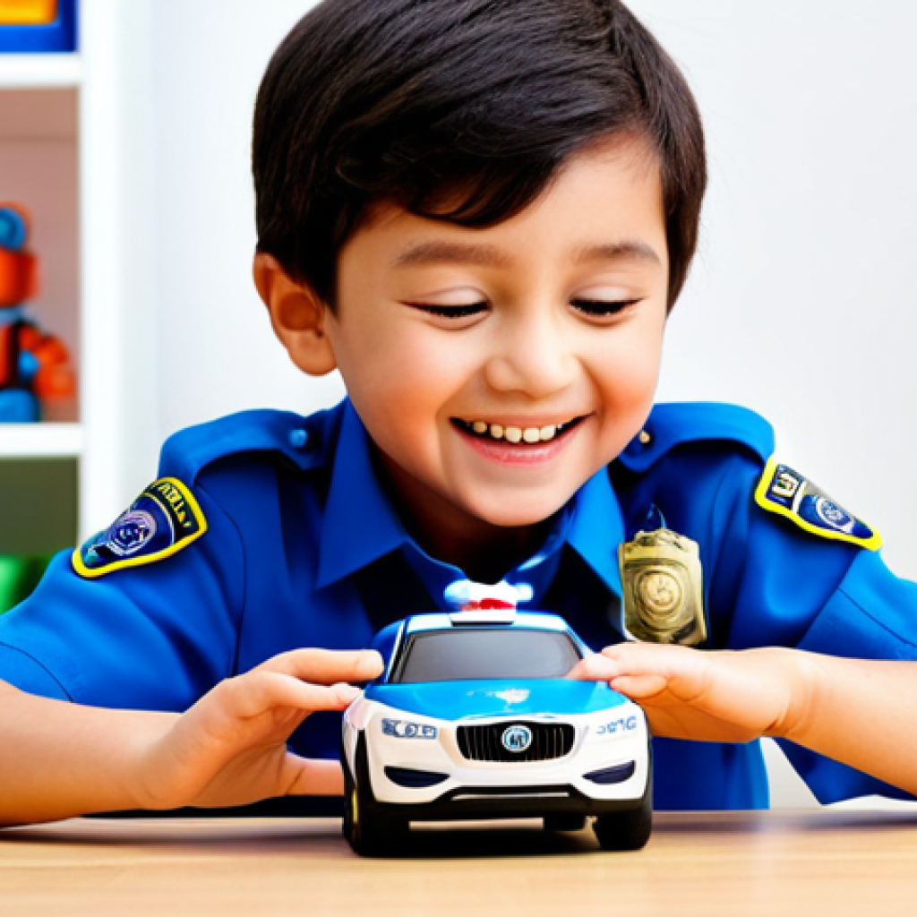 A joyful child, approximately 6-8 years old, fully clothed in modest, comfortable, age-appropriate attire, with bright, curious eyes, interacting with a smart Robocar Poli police car toy. The toy subtly activates with soft, futuristic lights or a gentle movement, capturing a moment of wonder and delight on the child's face. The scene is set in a modern, well-lit playroom with a clean, organized background, featuring blurred, non-distracting educational toys. The atmosphere is filled with pure joy and discovery. Professional photography, vibrant colors, soft natural light, perfect anatomy, correct proportions, natural pose, well-formed hands, proper finger count, natural body proportions. safe for work, appropriate content, family-friendly.