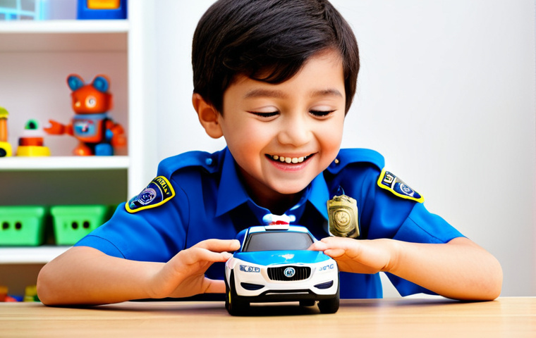 A joyful child, approximately 6-8 years old, fully clothed in modest, comfortable, age-appropriate attire, with bright, curious eyes, interacting with a smart Robocar Poli police car toy. The toy subtly activates with soft, futuristic lights or a gentle movement, capturing a moment of wonder and delight on the child's face. The scene is set in a modern, well-lit playroom with a clean, organized background, featuring blurred, non-distracting educational toys. The atmosphere is filled with pure joy and discovery. Professional photography, vibrant colors, soft natural light, perfect anatomy, correct proportions, natural pose, well-formed hands, proper finger count, natural body proportions. safe for work, appropriate content, family-friendly.