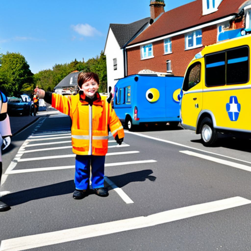 A vibrant scene in Broomstown, depicting Robocar Poli, Roy, Amber, and Helly, the rescue team, engaging with a diverse group of children. The children are fully clothed in modest, appropriate attire, participating in an interactive outdoor safety lesson, such as learning about pedestrian crossings or safe play zones. The rescue vehicles are positioned gently beside the children, symbolizing guidance and protection. The environment is brightly lit with natural light, showing clean streets and cheerful surroundings, emphasizing community and teamwork. Professional photography, high quality, perfect anatomy, correct proportions, natural pose, well-formed hands, proper finger count, natural body proportions, fully clothed, safe for work, appropriate content, family-friendly.