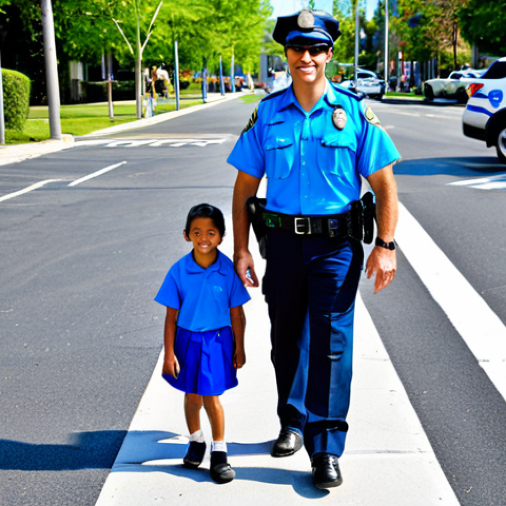 Polli-Inspired Police Officer**

"A brave and kind police officer in a bright blue uniform, assisting children at a school crosswalk, fully clothed, appropriate attire, safe for work, professional, perfect anatomy, correct proportions, natural pose, sunny day, friendly atmosphere, family-friendly"

**
