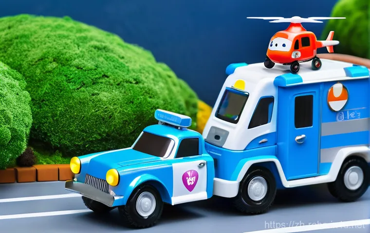 로보카폴리 장면 분석 - **Prompt:** A vibrant, animated scene depicting the "Robocar Poli" rescue team (Poli, Roy, Amber, He...