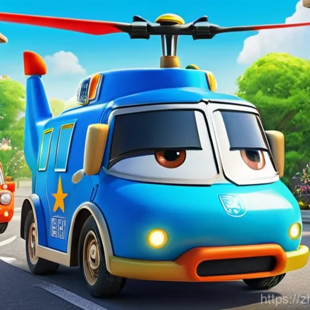 로보카폴리의 글로벌 성공 - **Prompt:** A vibrant and dynamic scene depicting the Robocar Poli rescue team (Poli, Roy, Amber, an...