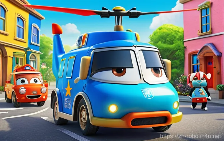 로보카폴리의 글로벌 성공 - **Prompt:** A vibrant and dynamic scene depicting the Robocar Poli rescue team (Poli, Roy, Amber, an...