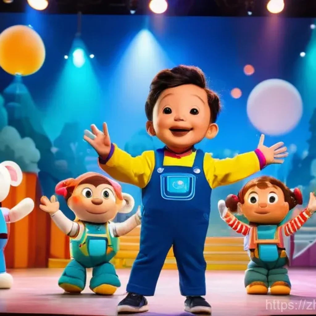 로보카폴리와 인형극 프로그램 - A vibrant and energetic scene from a live "Robocar Poli" puppet show. On a brightly lit stage, the f...