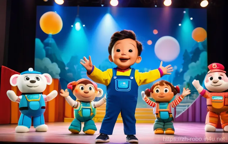 로보카폴리와 인형극 프로그램 - A vibrant and energetic scene from a live "Robocar Poli" puppet show. On a brightly lit stage, the f...