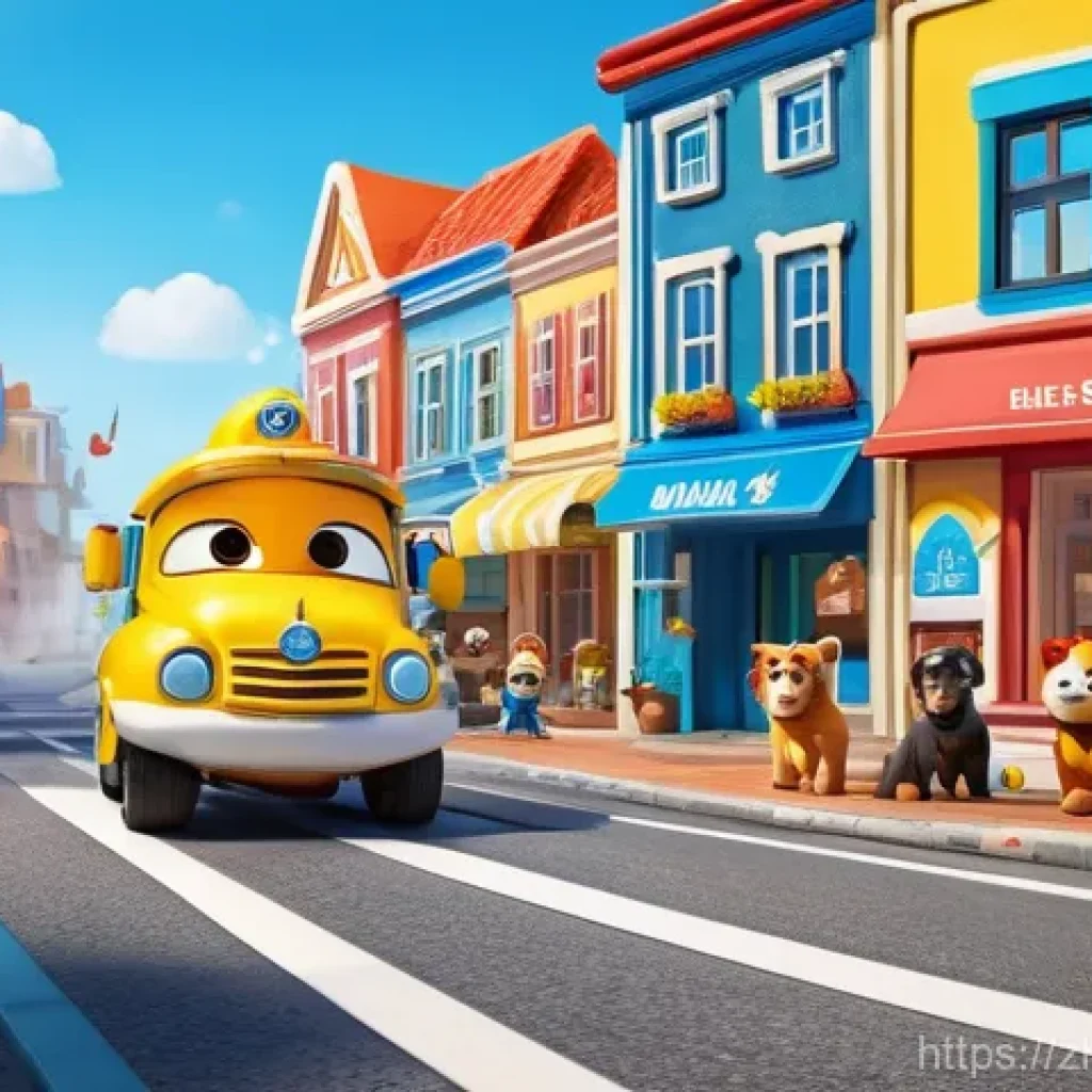 로보카폴리 리뷰 콘텐츠 - **"A vibrant and dynamic scene in Brooms Town on a bright, sunny day, featuring the Robocar Poli res...