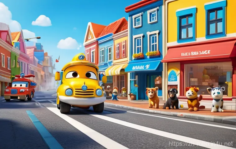 로보카폴리 리뷰 콘텐츠 - **"A vibrant and dynamic scene in Brooms Town on a bright, sunny day, featuring the Robocar Poli res...