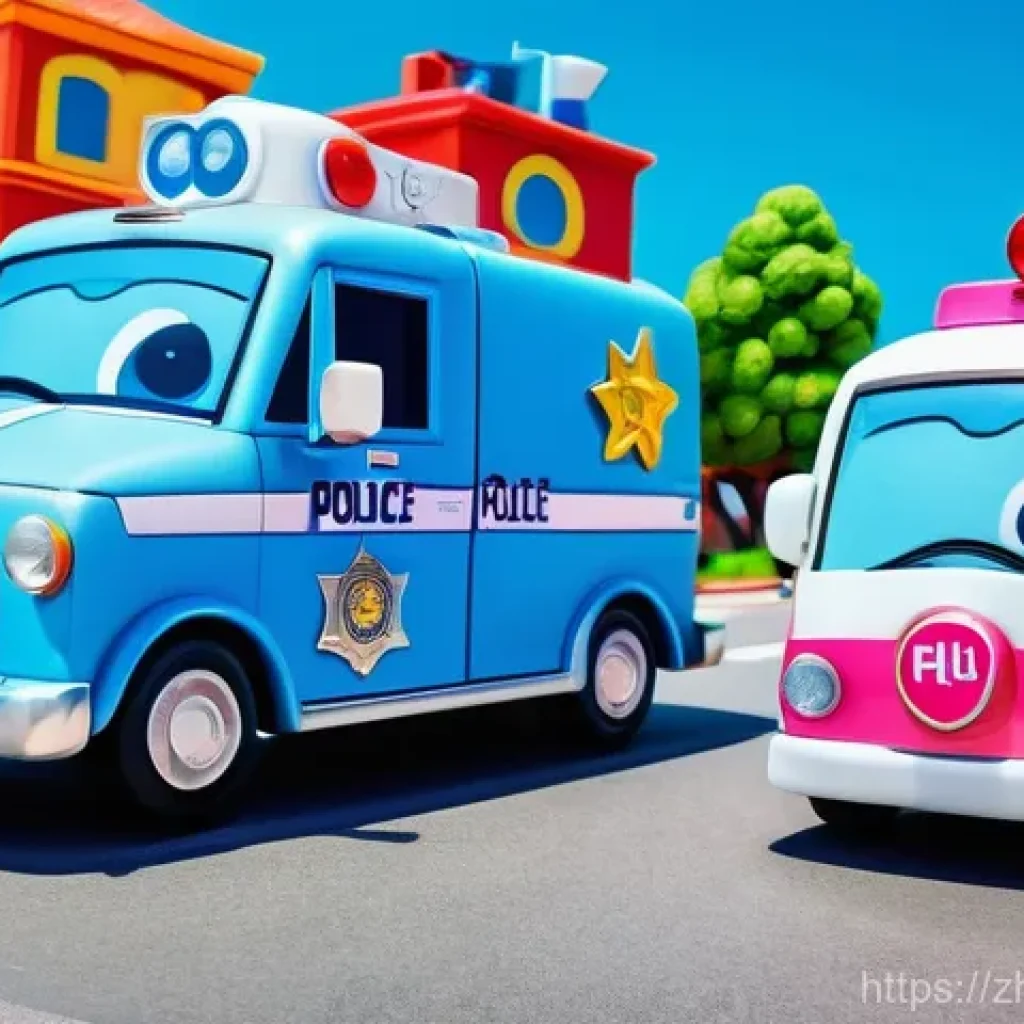 로보카폴리의 애니메이션 스타일 - A vibrant, high-saturation, simple cartoon style image featuring the core "Robocar Poli" characters:...