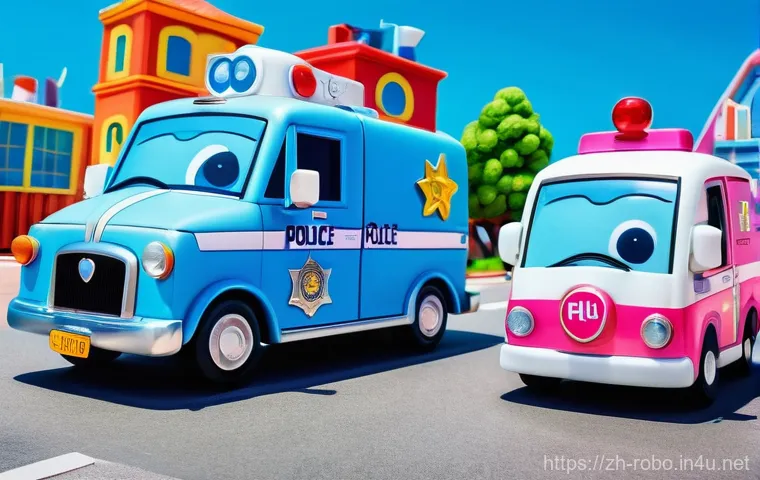 로보카폴리의 애니메이션 스타일 - A vibrant, high-saturation, simple cartoon style image featuring the core "Robocar Poli" characters:...