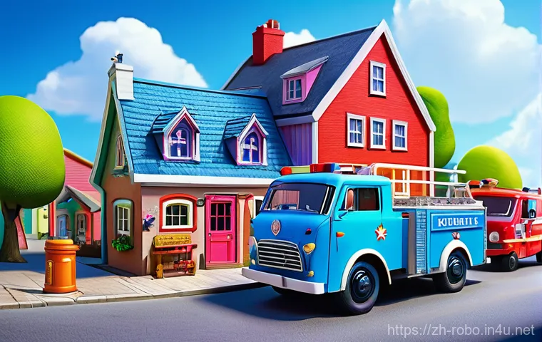 로보카폴리 제작진의 열정 - **Prompt 1: "The Rescue Team in Brooms Town"**
    A vibrant, sun-drenched scene in the charming tow...