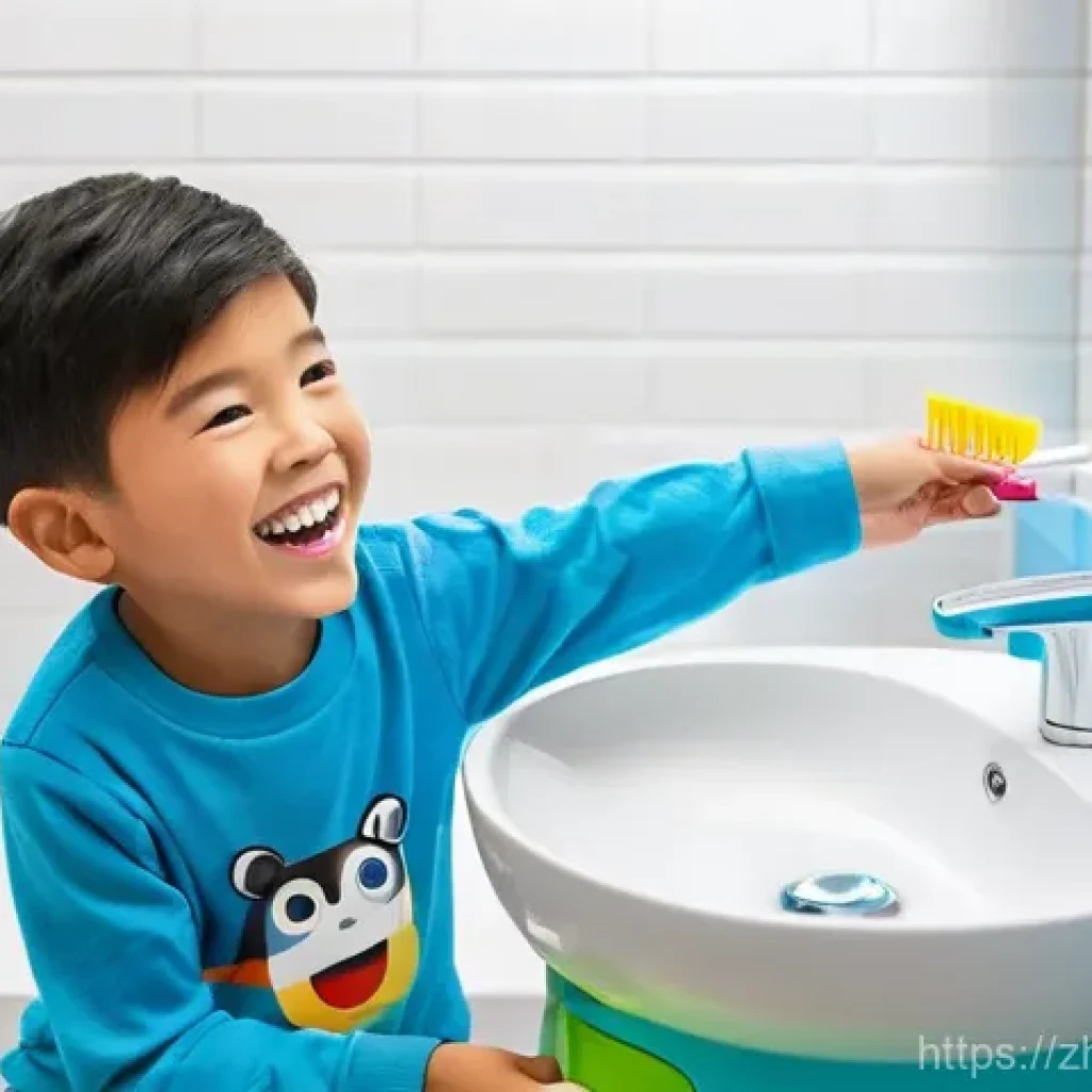 로보카폴리와 브랜드 협력 - **Prompt:** A vibrant and cheerful scene in a child's brightly lit bathroom. A 5-year-old East Asian...