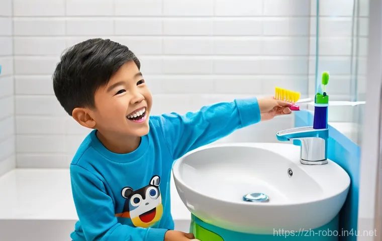 로보카폴리와 브랜드 협력 - **Prompt:** A vibrant and cheerful scene in a child's brightly lit bathroom. A 5-year-old East Asian...