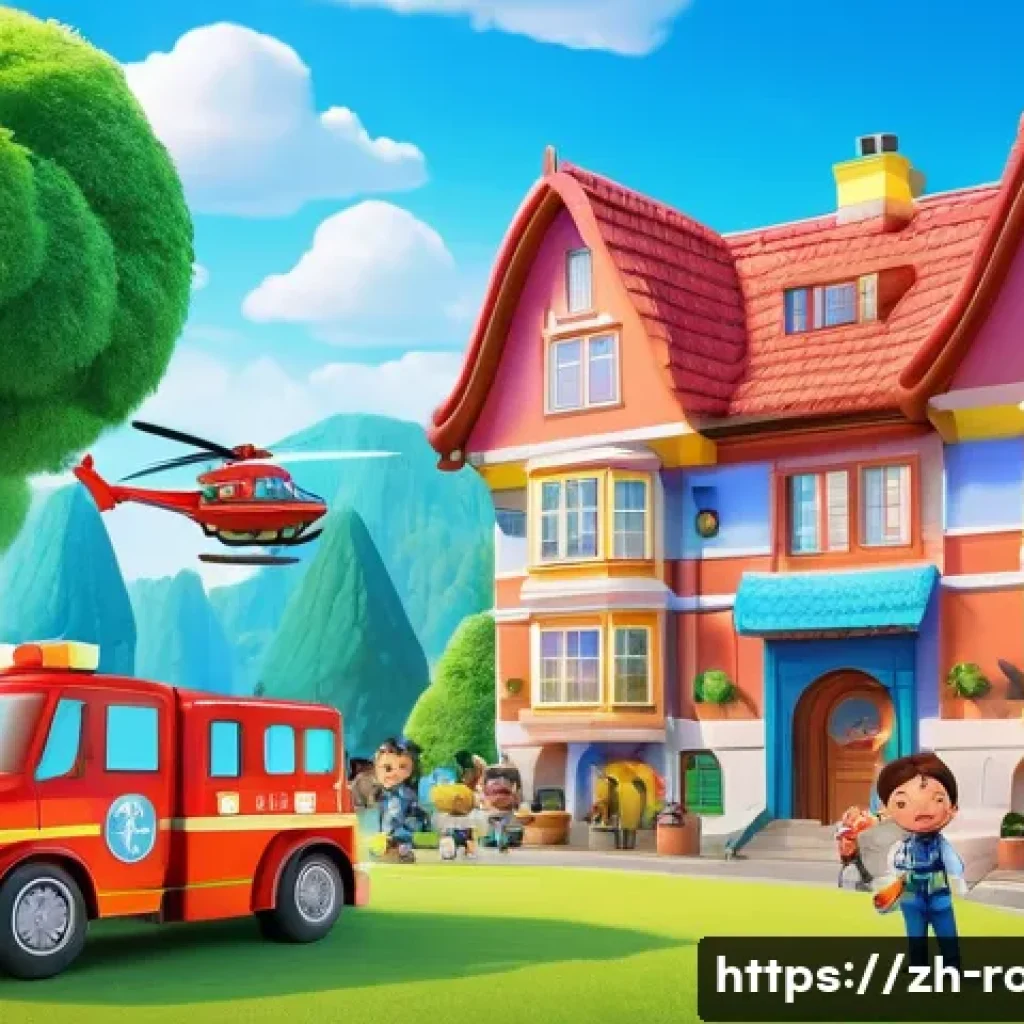 로보카폴리 에피소드 제작 비하인드 - **Prompt:** A vibrant, cheerful scene in the heart of Bloomy Town (布鲁姆斯小镇), where the brave rescue t...