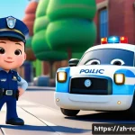로보카폴리의 캐릭터 연출 스타일 - A vibrant and detailed scene featuring Poli, the blue and white police car character from Robocar Po...