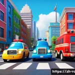 로보카폴리 제작사의 비전 - A vibrant 3D animated scene featuring a group of colorful rescue vehicles including Poli the police ...