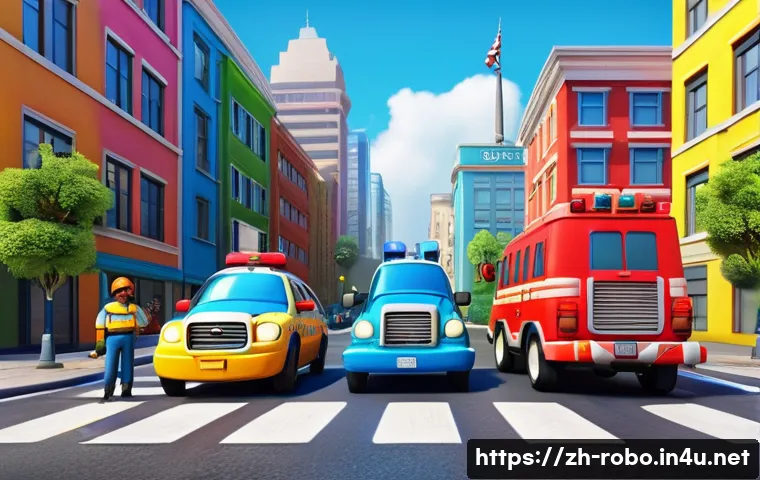 로보카폴리 제작사의 비전 - A vibrant 3D animated scene featuring a group of colorful rescue vehicles including Poli the police ...
