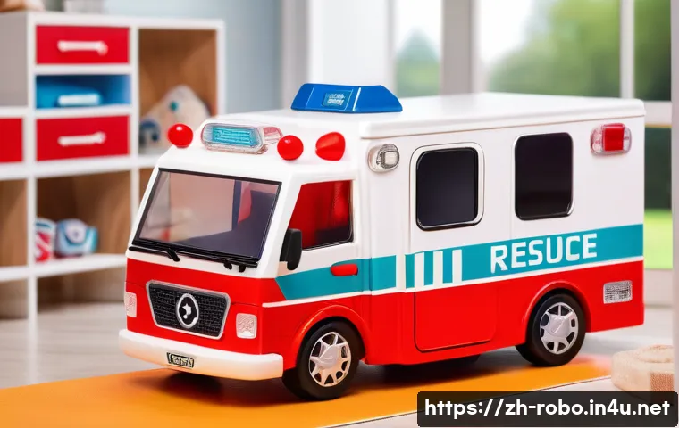 로보카폴리 엠버 장난감 - A detailed and realistic toy ambulance model in bright red and white colors, featuring authentic eme...