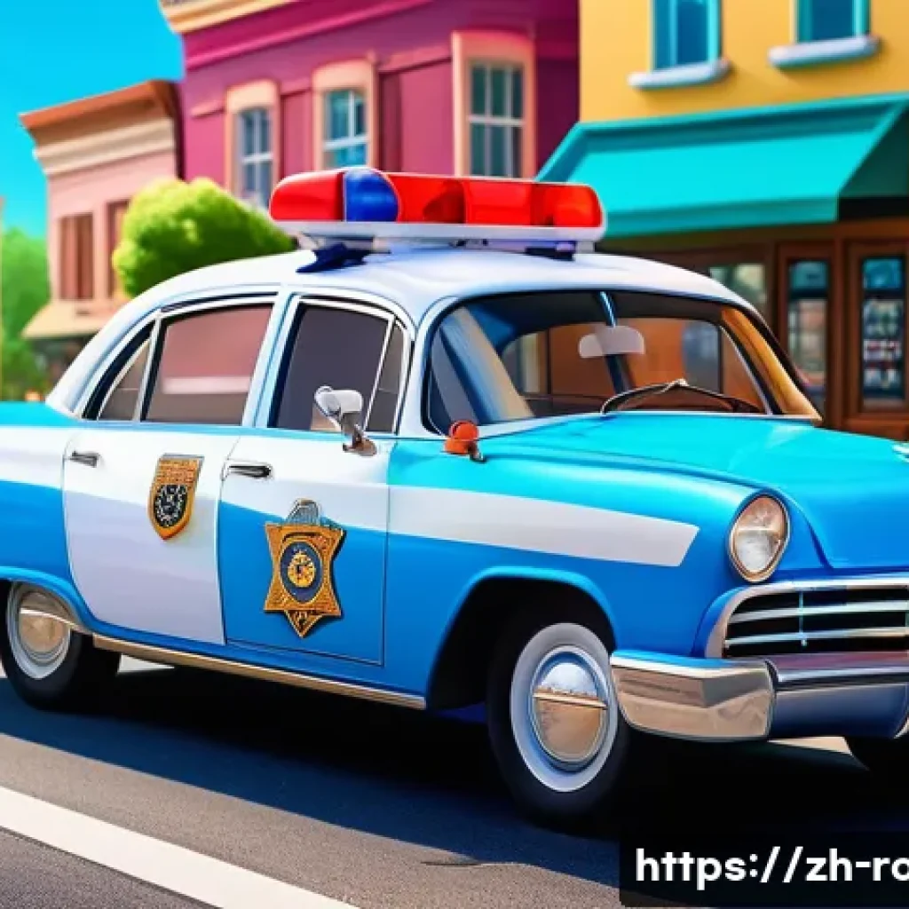 로보카폴리 친구들 캐릭터 분석 - A vibrant and colorful scene featuring Poli the brave police car, depicted as a shiny blue and white...