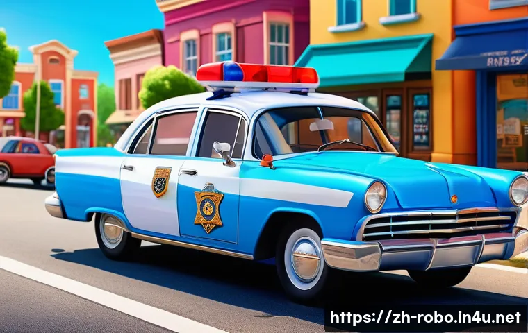 로보카폴리 친구들 캐릭터 분석 - A vibrant and colorful scene featuring Poli the brave police car, depicted as a shiny blue and white...