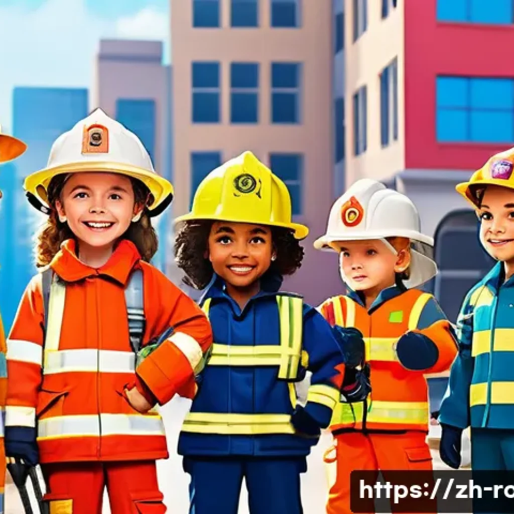 로보카폴리와 어린이 심리 - A vibrant animated scene showing a diverse team of child heroes in colorful uniforms, each with dist...