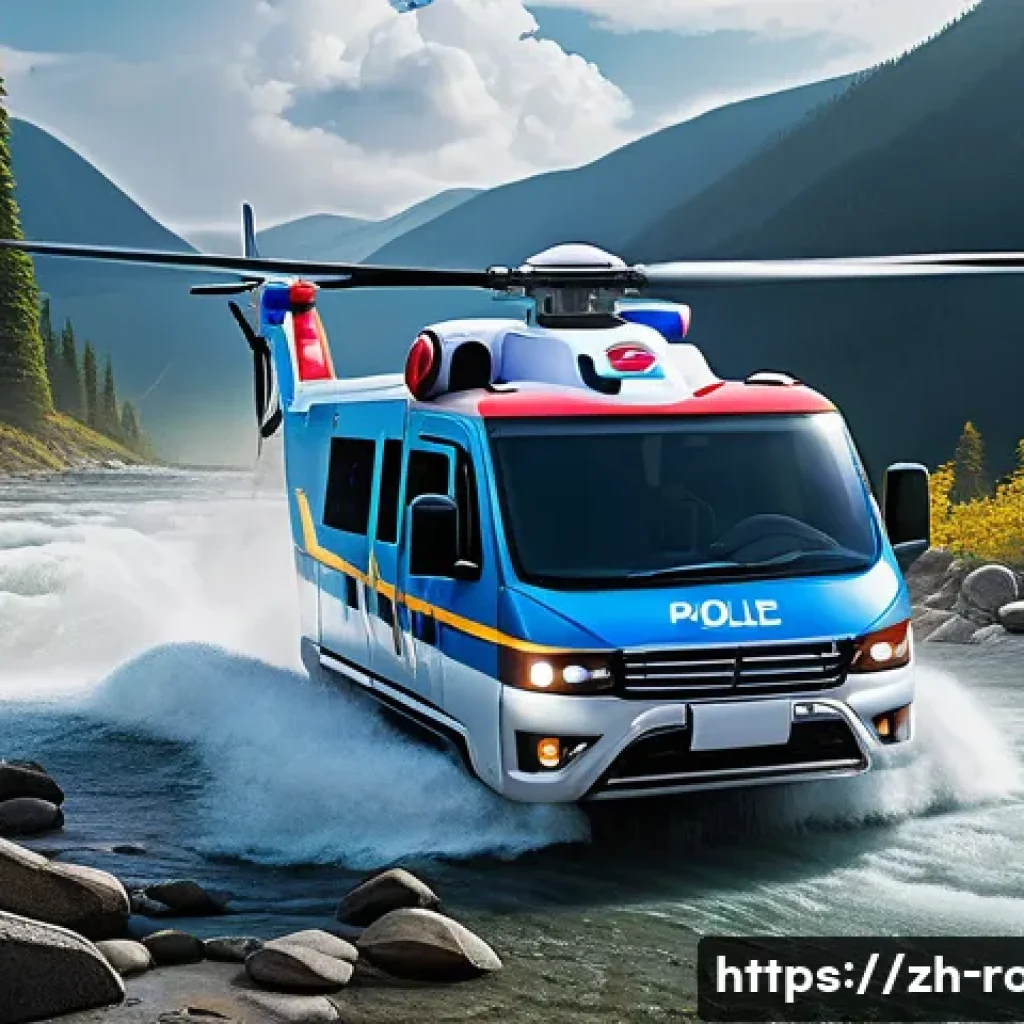 로보카폴리의 전설적인 에피소드 - A dynamic rescue scene featuring Poli the police car robot leading a mountain flood emergency operat...