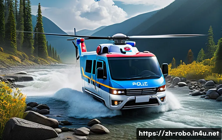 로보카폴리의 전설적인 에피소드 - A dynamic rescue scene featuring Poli the police car robot leading a mountain flood emergency operat...