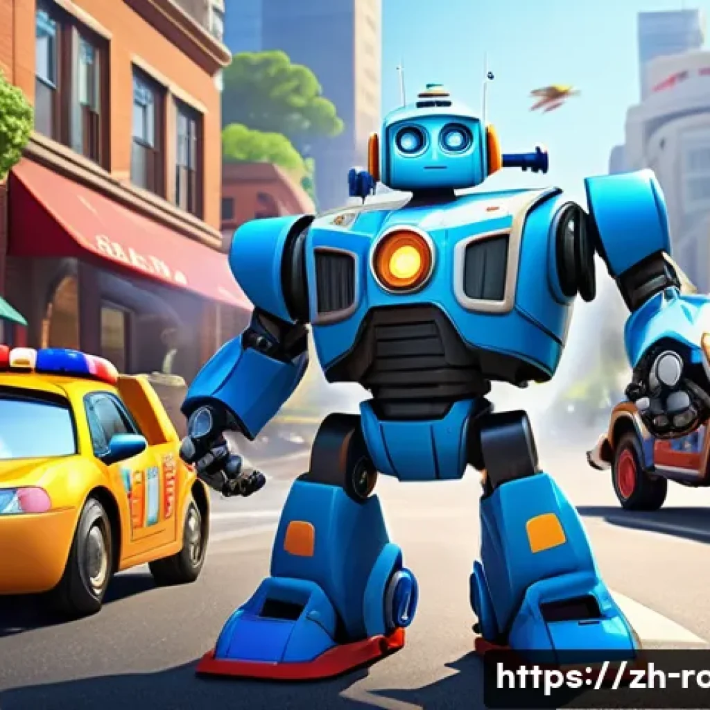 로보카폴리 팬카페 - A vibrant and detailed scene featuring Poli the robot car as the brave and responsible leader, surro...