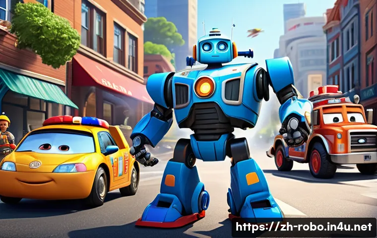 로보카폴리 팬카페 - A vibrant and detailed scene featuring Poli the robot car as the brave and responsible leader, surro...