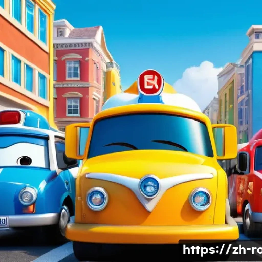로보카폴리 방영일정 - A vibrant and colorful scene featuring the main Robocar Poli characters—Poli, Roy, Amber, and Helly—...