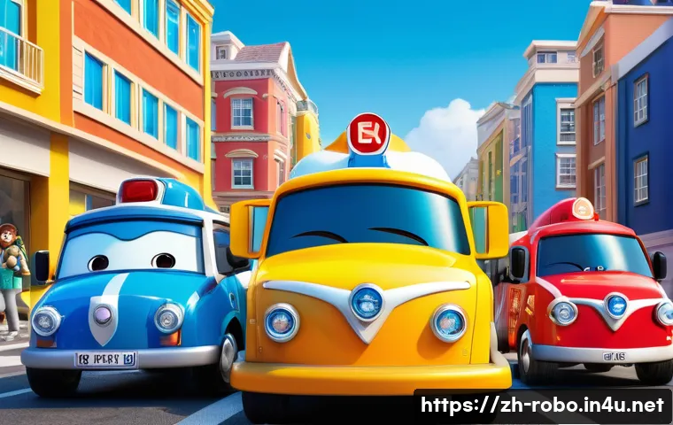 로보카폴리 방영일정 - A vibrant and colorful scene featuring the main Robocar Poli characters&mdash;Poli, Roy, Amber, and Helly&mdash;...