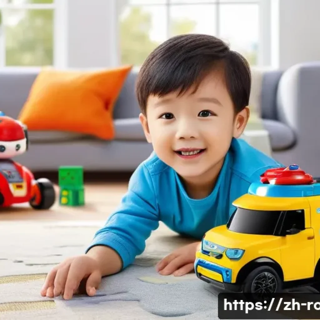 로보카폴리와 어린이의 창의성 - A vibrant and dynamic scene of children playing with Robocar Poli toys in a cozy living room setting...