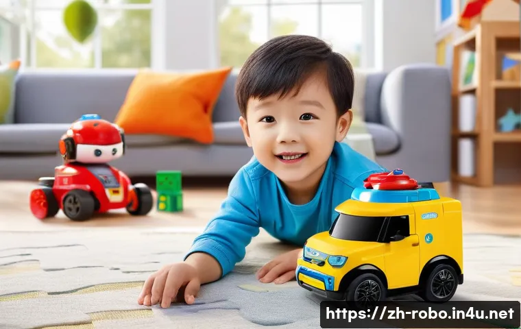 로보카폴리와 어린이의 창의성 - A vibrant and dynamic scene of children playing with Robocar Poli toys in a cozy living room setting...