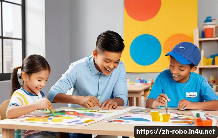 로보카폴리 팬들의 이야기 - A vibrant scene of children engaged in a creative arts and crafts workshop themed around Robocar Pol...