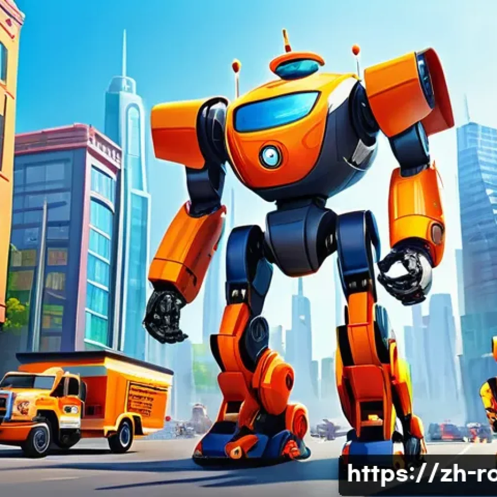 로보카폴리의 스토리텔링 전략 - A vibrant and dynamic scene featuring a diverse team of cartoon rescue robots in bright, distinctive...