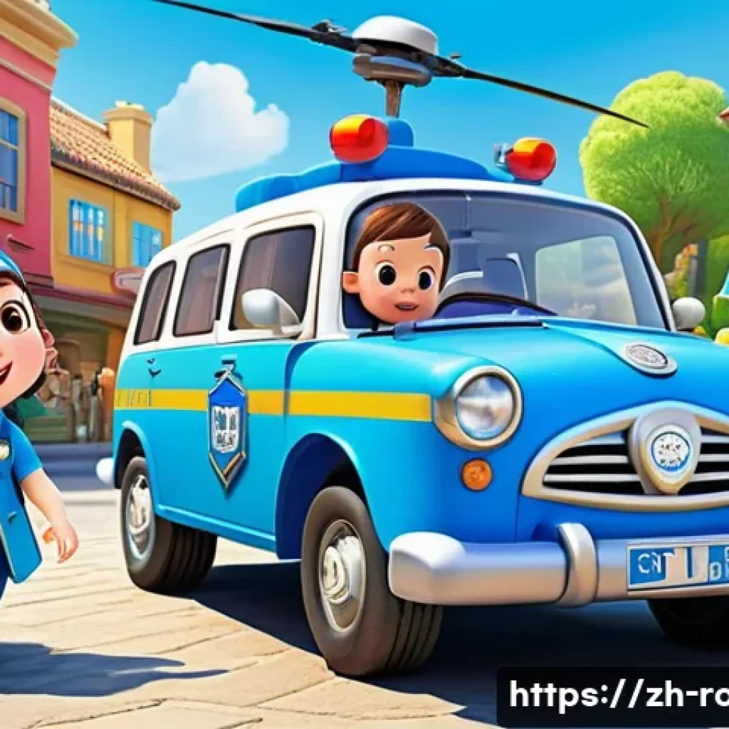 로보카폴리와 유아 발달 연구 - A vibrant and colorful scene featuring the main characters of Robocar Poli, including Poli the brave...