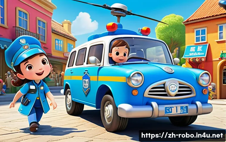 로보카폴리와 유아 발달 연구 - A vibrant and colorful scene featuring the main characters of Robocar Poli, including Poli the brave...
