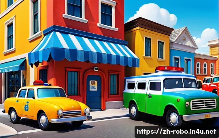 로보카폴리 글로벌 인기 요소 - A vibrant and colorful scene featuring anthropomorphic rescue vehicles designed for children, each w...