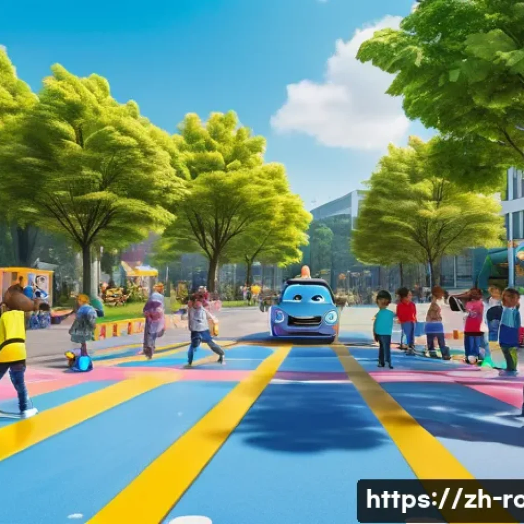 로보카폴리 이벤트 일정 - A vibrant scene of children aged 3 to 6 happily participating in an outdoor traffic safety simulatio...