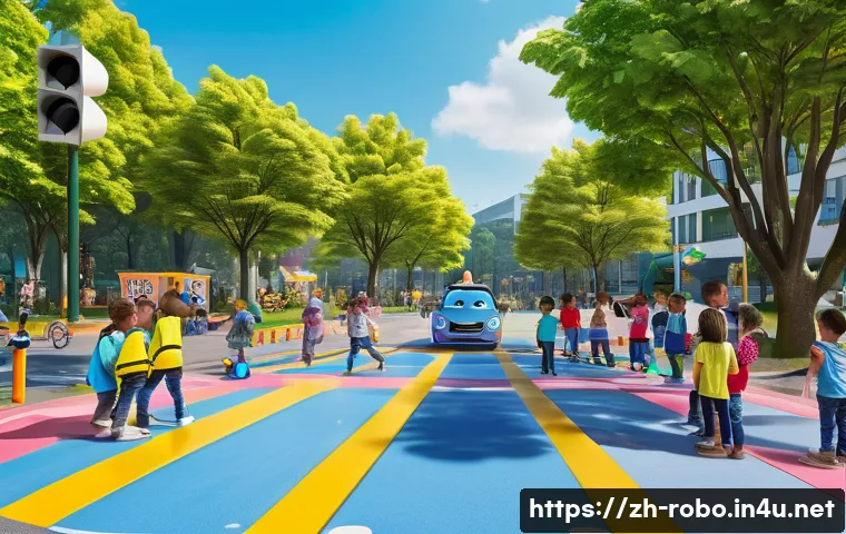 로보카폴리 이벤트 일정 - A vibrant scene of children aged 3 to 6 happily participating in an outdoor traffic safety simulatio...
