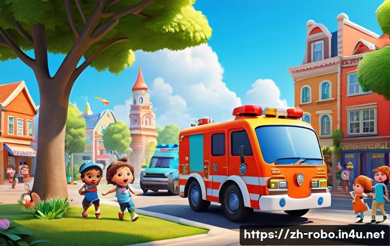 로보카폴리 브룸스타운 배경 - A vibrant, detailed scene of Bloom Town&rsquo;s community life featuring diverse characters: a brave polic...