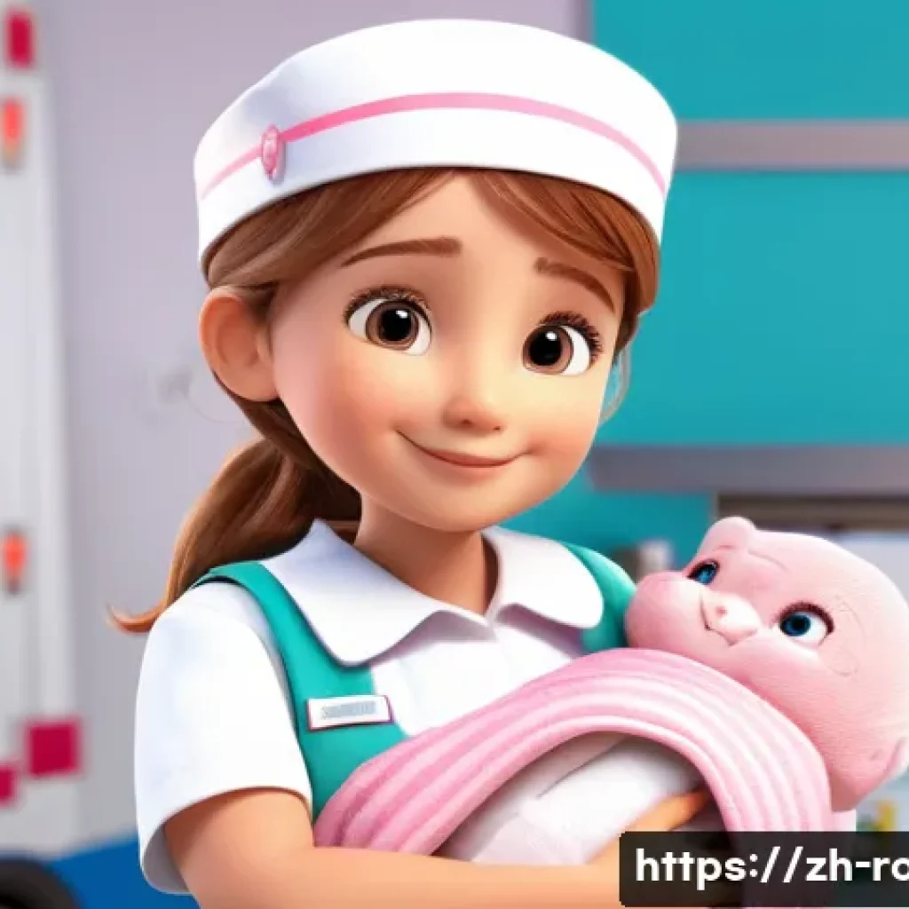 로보카폴리 주인공 엠버 - A gentle and caring female paramedic character named Amber, designed as a cute and professional ambu...