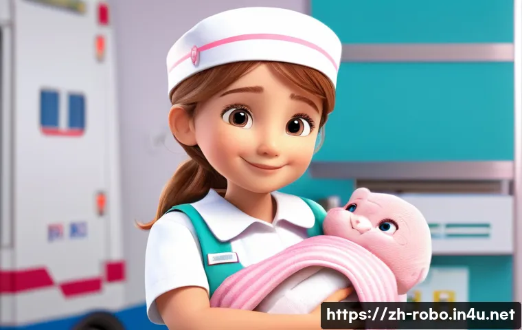 로보카폴리 주인공 엠버 - A gentle and caring female paramedic character named Amber, designed as a cute and professional ambu...