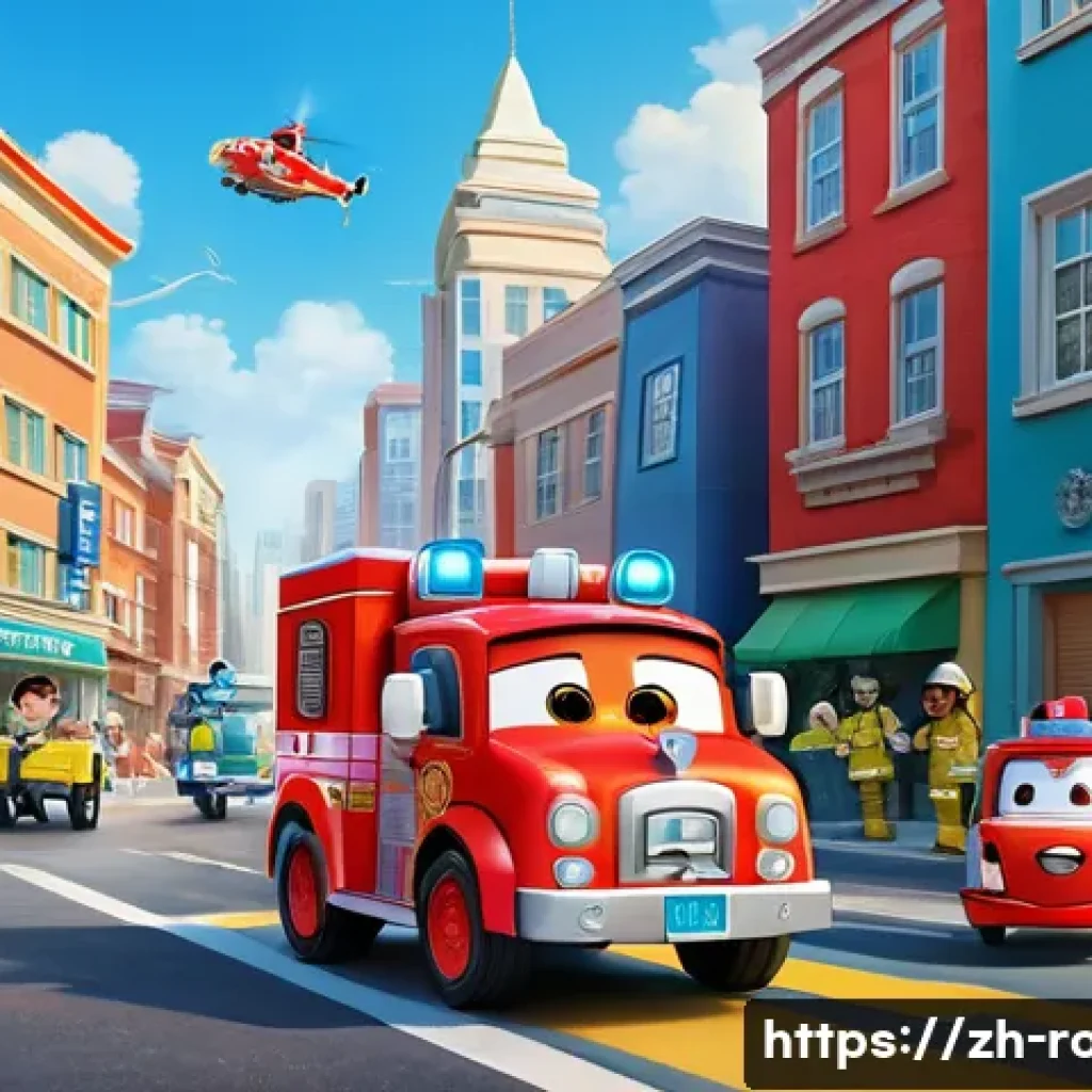 로보카폴리의 대표적인 주제 - A vibrant city scene featuring RoboCar Poli as a brave police car leader, Roy the enthusiastic red f...