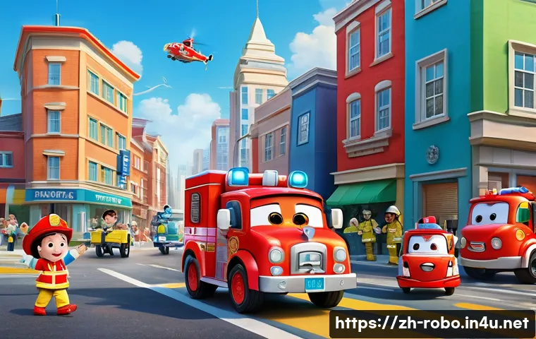 로보카폴리의 대표적인 주제 - A vibrant city scene featuring RoboCar Poli as a brave police car leader, Roy the enthusiastic red f...