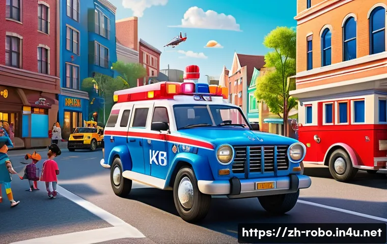 로보카폴리 에피소드 순서 - A vibrant, colorful scene featuring Poli the brave police car leading a rescue mission in a bustling...