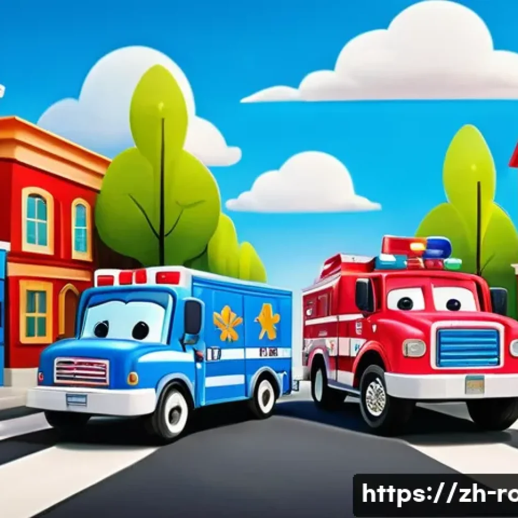 로보카폴리 시청 연령층 - A vibrant, colorful scene featuring cartoon-style rescue vehicles designed for preschool children, i...