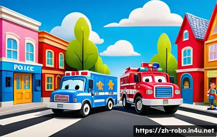 로보카폴리 시청 연령층 - A vibrant, colorful scene featuring cartoon-style rescue vehicles designed for preschool children, i...